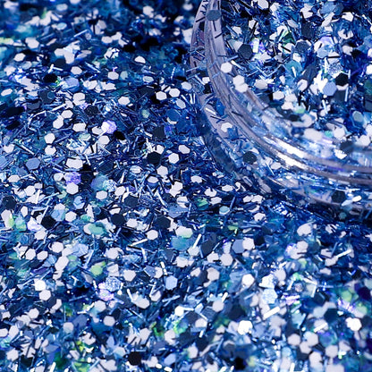 Blue glitter with a clear container on a blue background