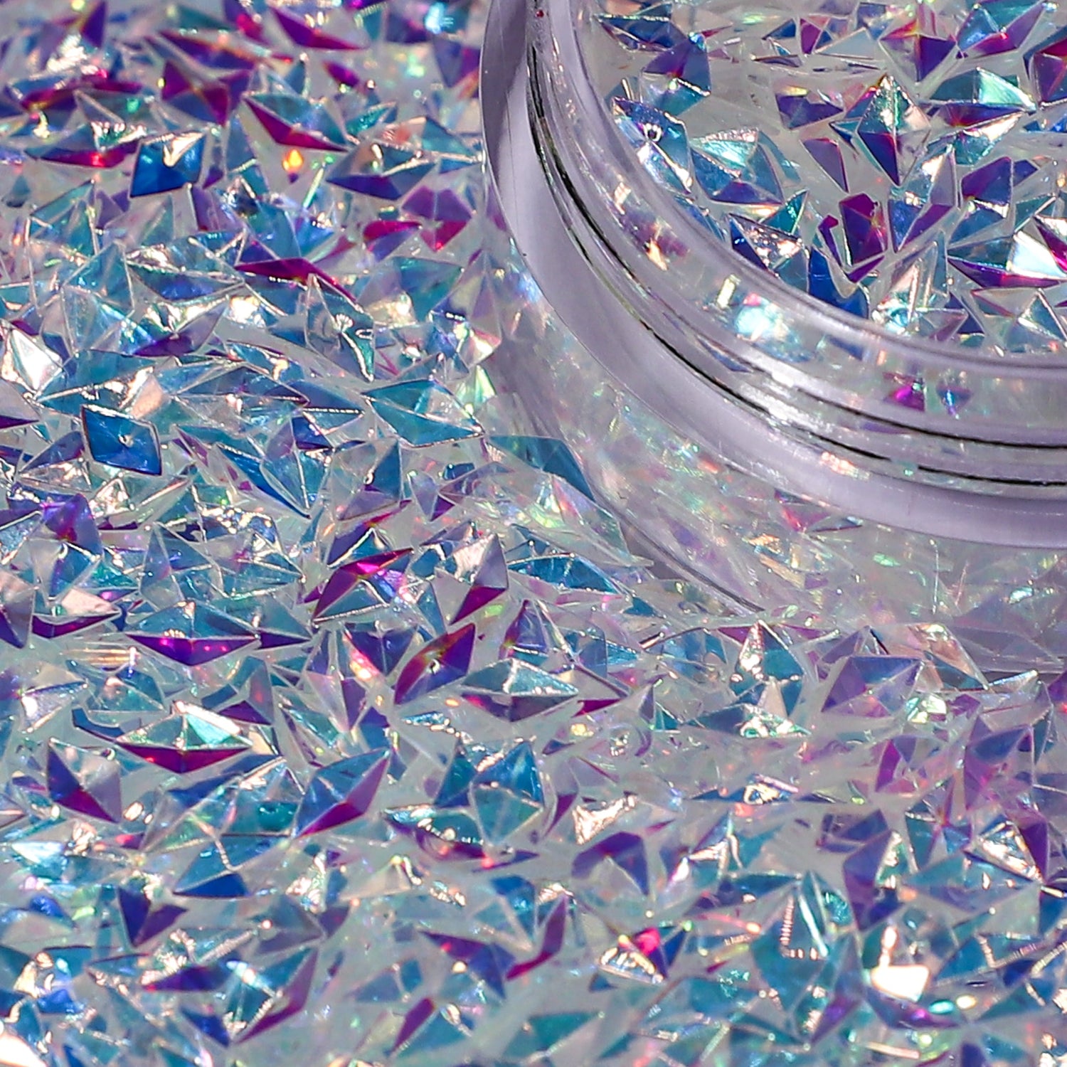 Iridescent glitter with a clear container on top