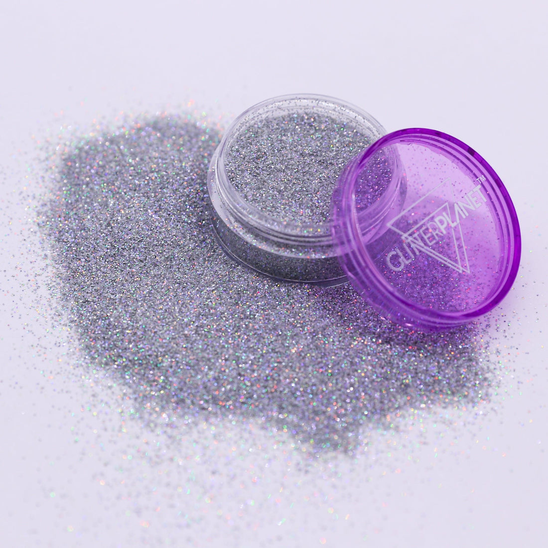 Silver glitter with a purple container on a light gray background | Glitter Planet