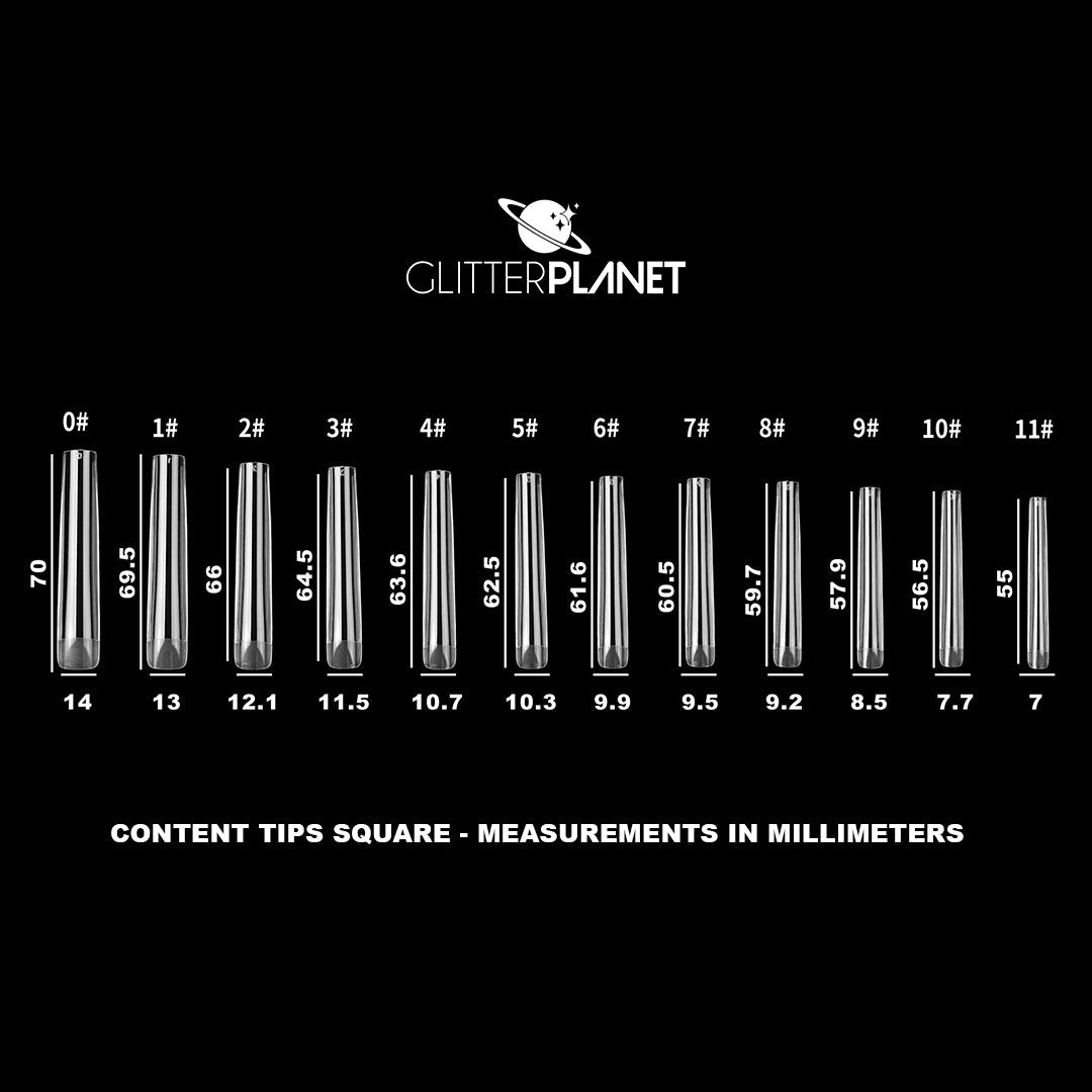 A black informational graphic showing the Glitter Planet content tips square with measurements in millimeters for tip sizes 0