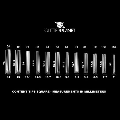 A black informational graphic showing the Glitter Planet content tips square with measurements in millimeters for tip sizes 0