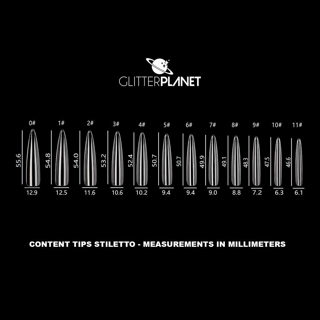 A black informational graphic showing measurements in millimeters for glitter planet content tips stiletto nail shapes, labeled 0