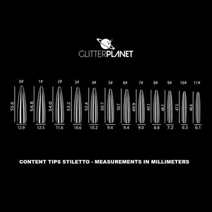 A black informational graphic showing measurements in millimeters for glitter planet content tips stiletto nail shapes, labeled 0