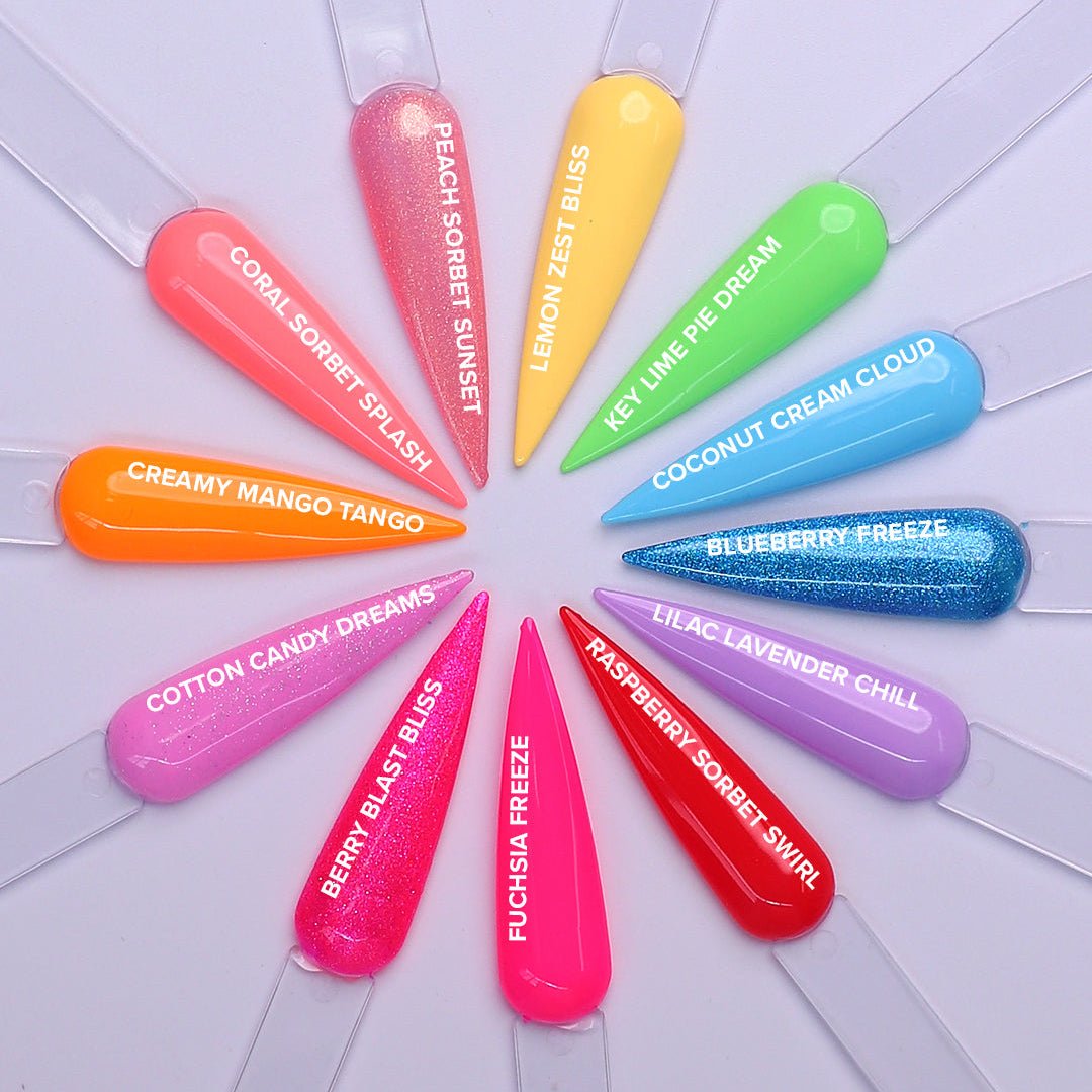 Colorful gel polish swatches on nail tips with names on a white background