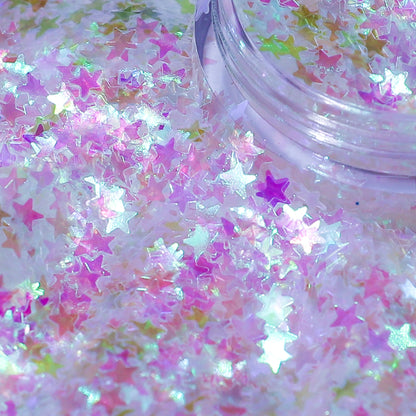 Star-shaped glitter in pastel colors with a clear container.