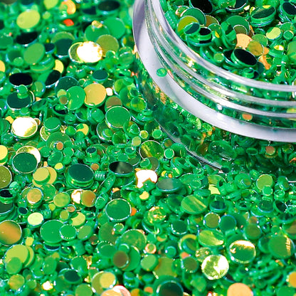 Iridescent Green dot glitter close up in a jar | Glitter Planet
