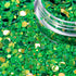 Iridescent Green dot glitter close up in a jar | Glitter Planet
