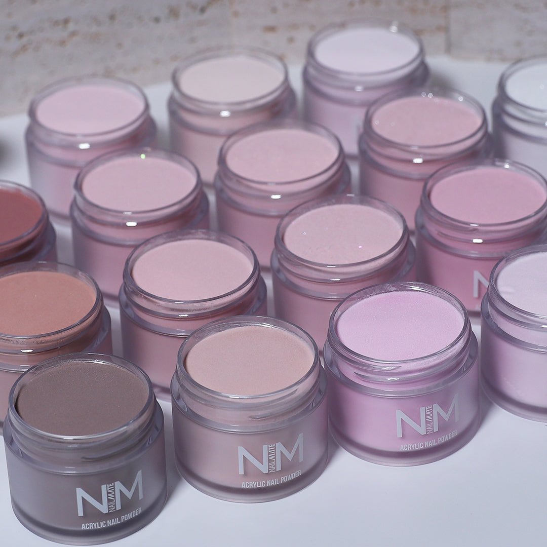 Multiple jars of pink powder with &