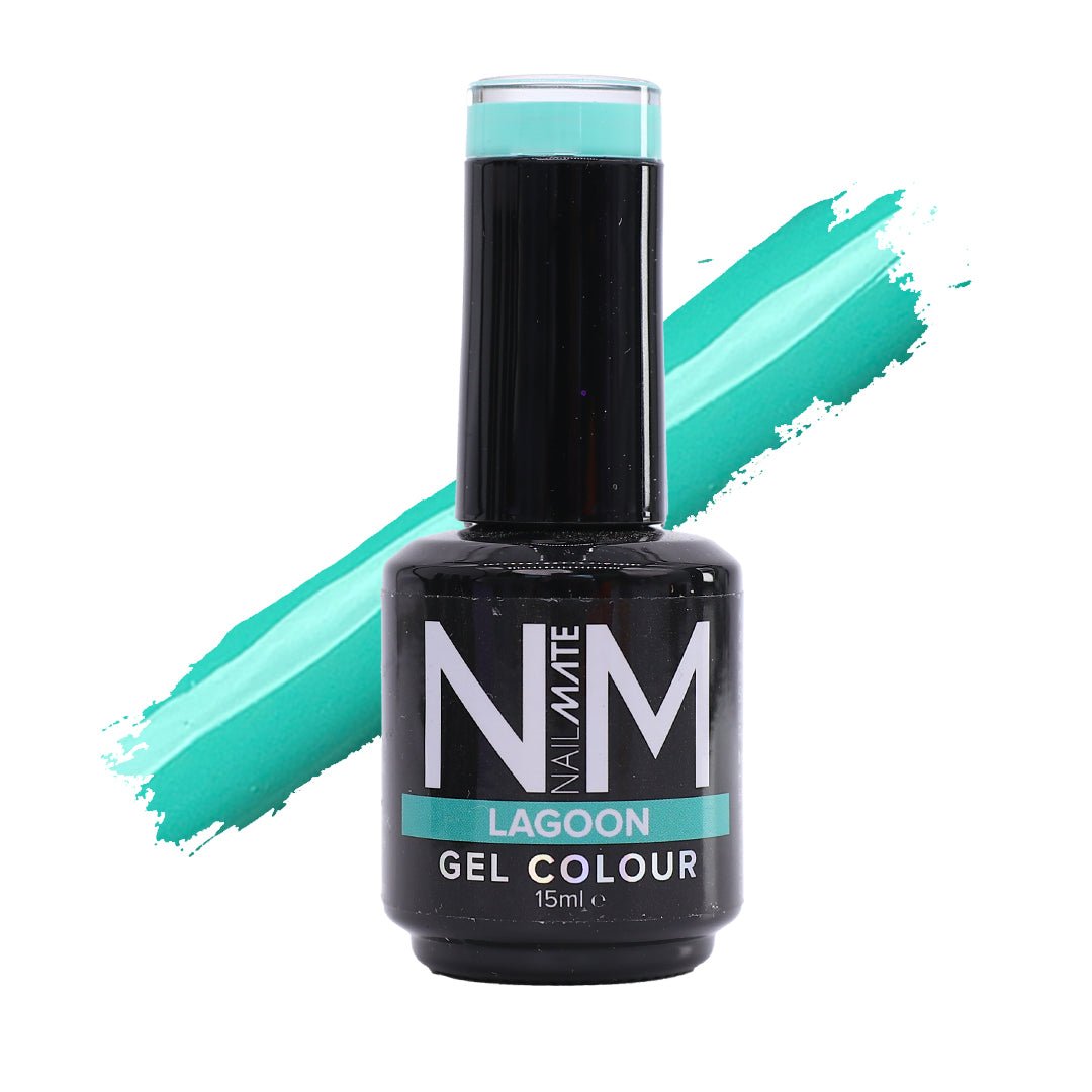 A bottle of Nail Mate Lagoon Gel Colour in a vibrant mint green shade, shown against a white background with a matching mint green brushstroke graphic behind it.