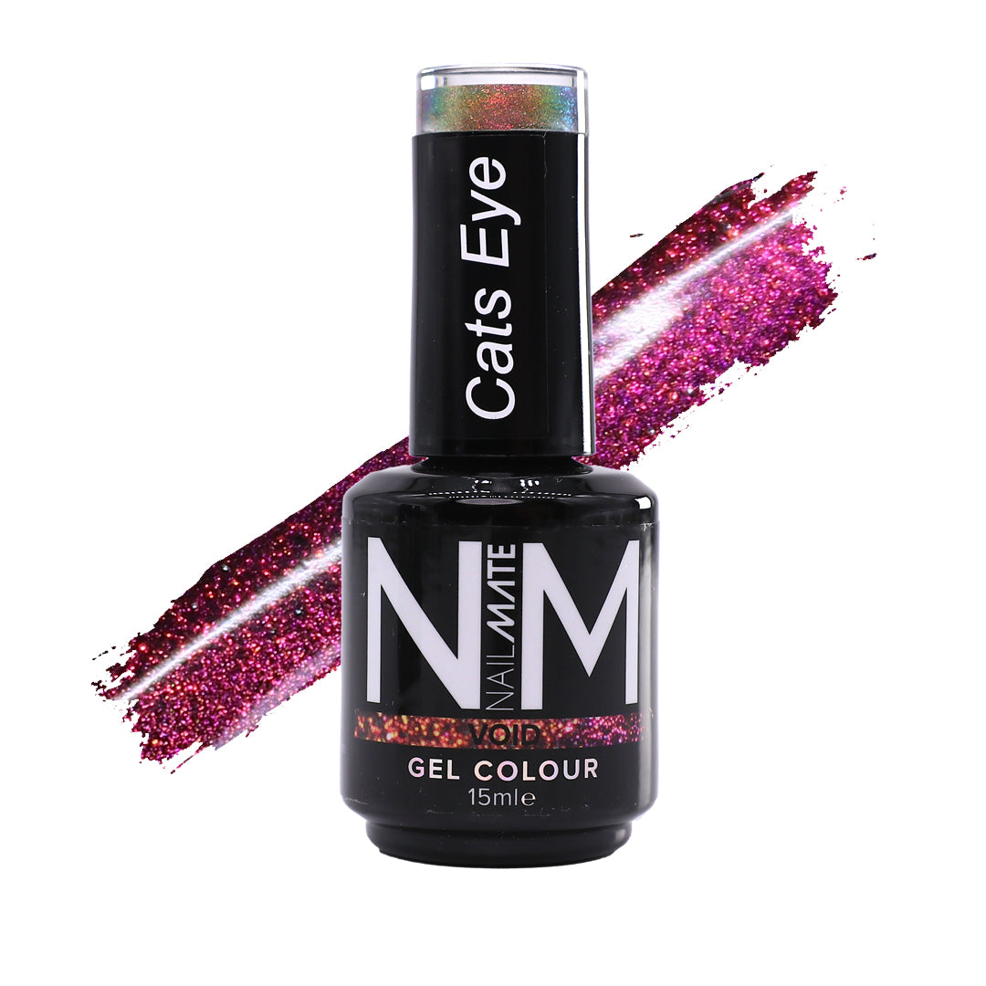 A bottle of Nailmate Cats Eye Void Gel Colour 15ml, featuring a black bottle and cap with holographic shimmer, set against a white background with a diagonal glittery pink and purple swatch of the nail polish.