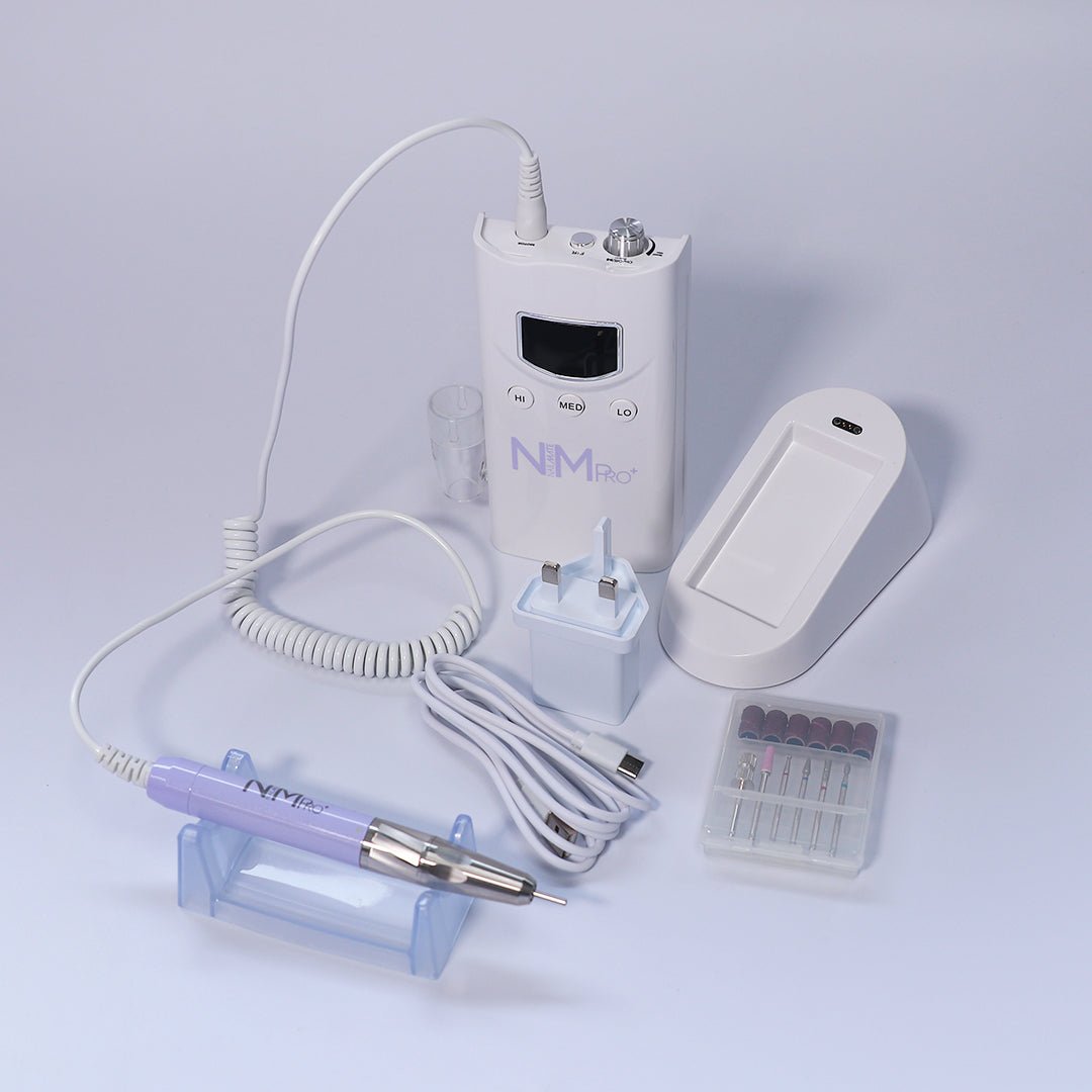A white rechargeable nail drill machine with a lilac hand piece, designed for professional nail care. The machine features a compact design, with a digital display and control buttons on the front, showcasing its sleek appearance on a soft white background. it has speeds of 35,000 rpm and a torque of 4.8