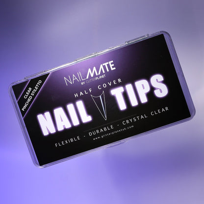 Nail Mate Clear Pinched Nail Tips box hovering over a purple gradient background