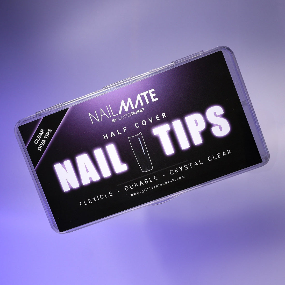 Nailmate nail tips packaging on a purple gradient background
