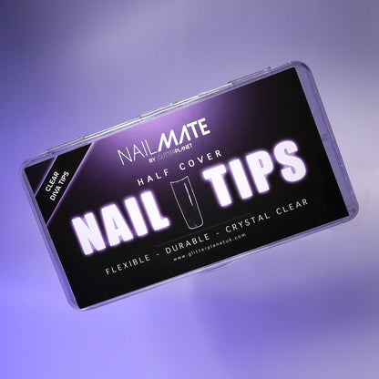 Nailmate nail tips packaging on a purple gradient background