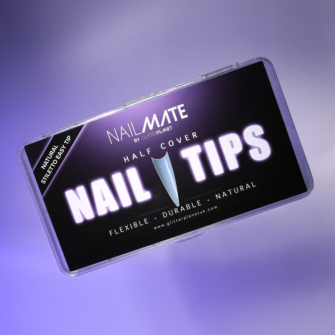 Nail Mate nail tips packaging on a purple gradient background