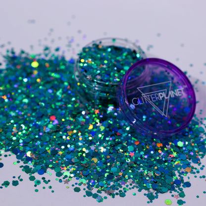 Turquoise glitter with a purple container labeled &