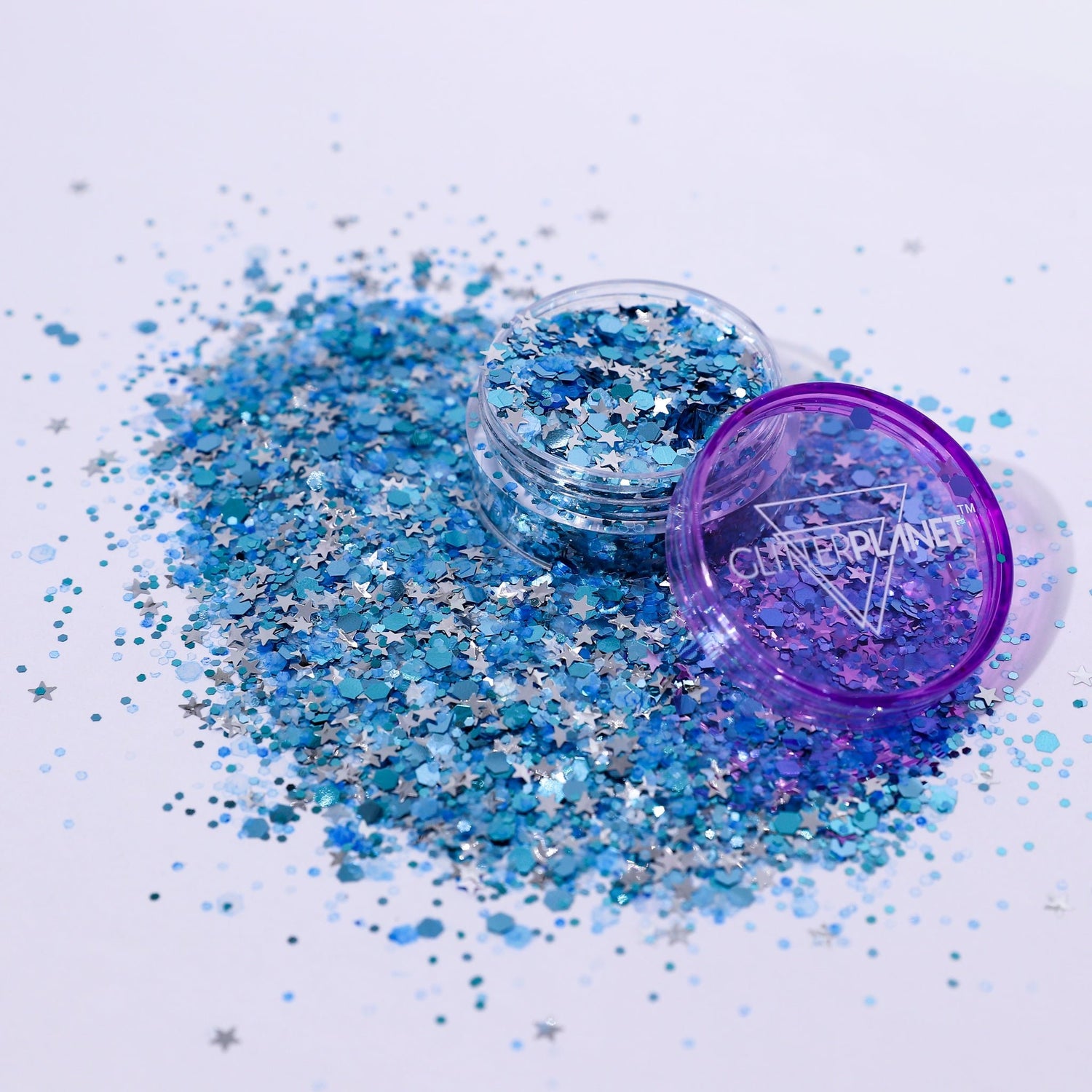 Blue glitter with a purple container labeled &