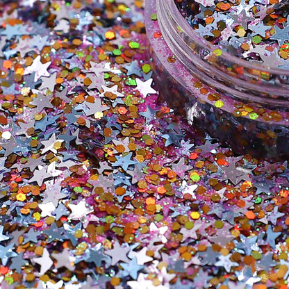Star-shaped glitter in a jar with multicolor stars on a glittery background