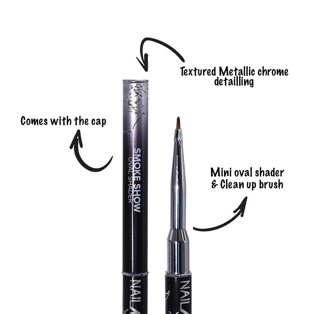 Nail Art Smoke Show Ocular Shader and mini oval shader &amp; clean up brush shown on a white background with descriptive text and arrows.