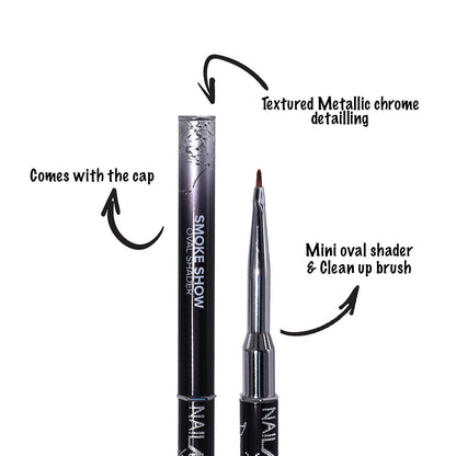 Nail Art Smoke Show Ocular Shader and mini oval shader &amp; clean up brush shown on a white background with descriptive text and arrows.