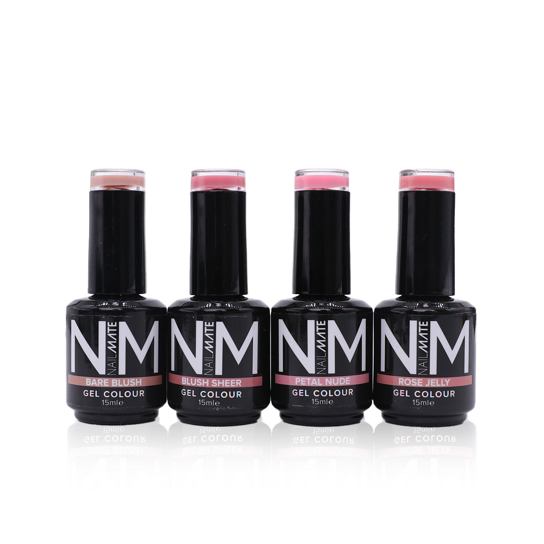 Four bottles of NM Volume 1 Gel Colour in the 4 sheer gel shades, arranged in a row on a white background with a soft reflection.