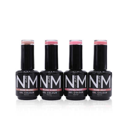 Four bottles of NM Volume 1 Gel Colour in the 4 sheer gel shades, arranged in a row on a white background with a soft reflection.