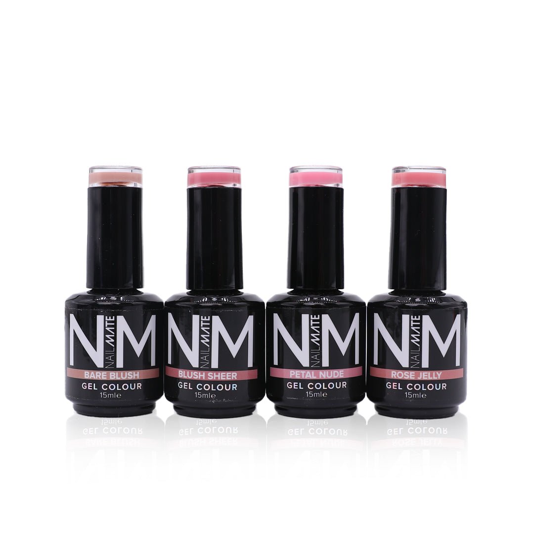 Four bottles of NM Volume 1 Gel Colour in the 4 sheer gel shades, arranged in a row on a white background with a soft reflection.