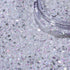 Close-up of a container of silver glitter on a white background