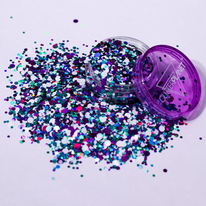 Wonderland | Purple, White &amp; Teal Nail Glitter in pot on white background