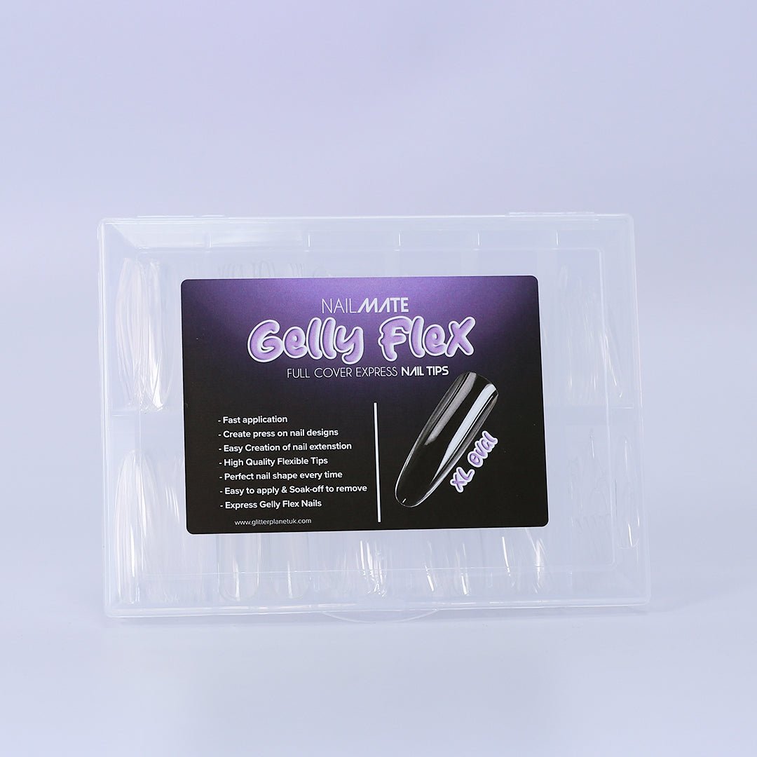 A collection of full cover gel X nail tips in the shape xl long oval and includes various sizes, showcasing crystal clear colour ready to apply your design. The nail tips are displayed in the handy storage case, and are ideal for professional manicures or at-home nail designs.