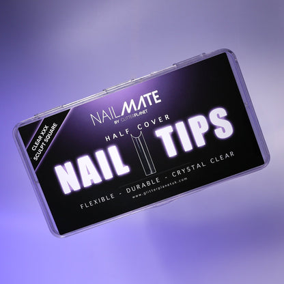 Nail mate nail tips packaging on a purple gradient background