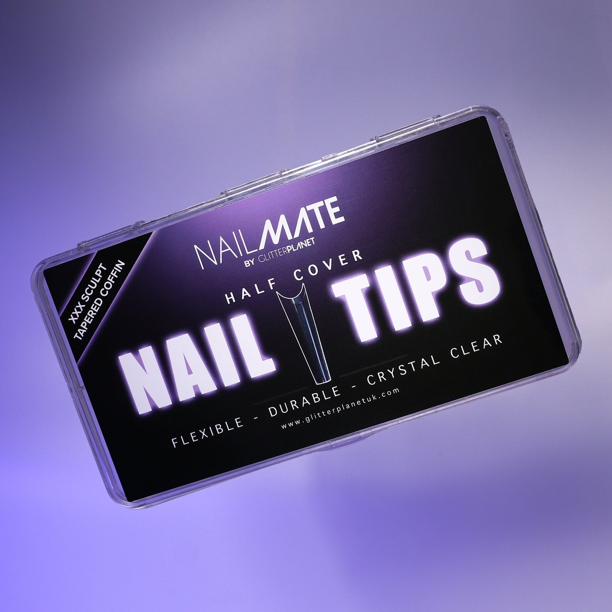 Nail mate nail tips packaging with a purple gradient background