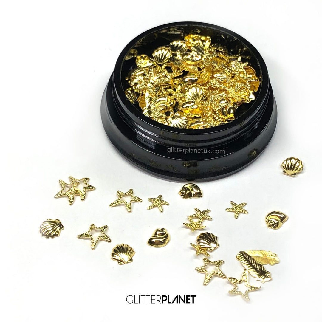 Gold Seashells + Feathers Mixed Nail Art Jar