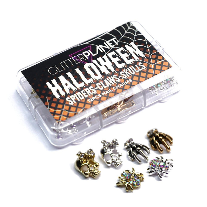 Halloween Bling Nail Charms Spiders, Claws & Skulls 12pcs - Glitter Planet