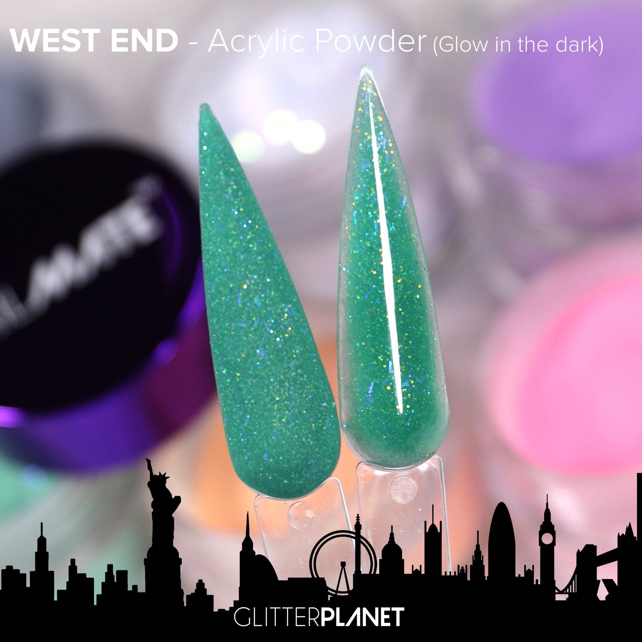 West End Green Glow in the dark Acrylic Nail Powder Glitter Planet